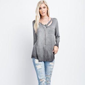 143 Story Gray Cut Out Neck Long Sleeve Top